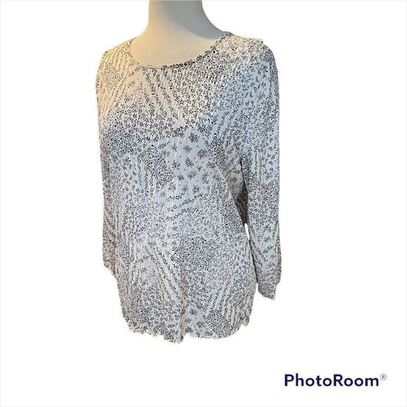 Accordion Pleated White/Black Tiny Floral Long Sleeve Top Liz Claiborne Size Lg - Picture 4 of 7